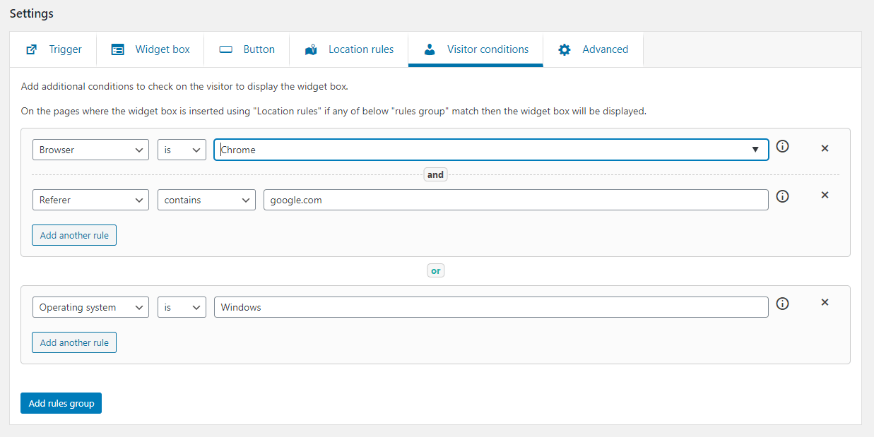 Visitor conditions settings in Ultimate floating widgets PRO WordPress plugin